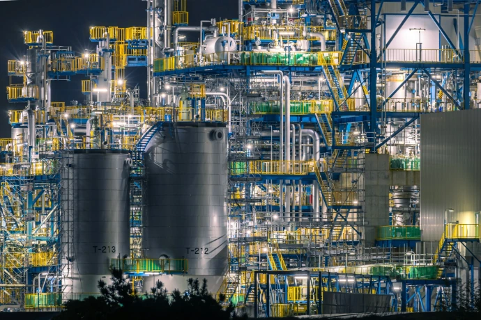 A large oil refinery lit up at night